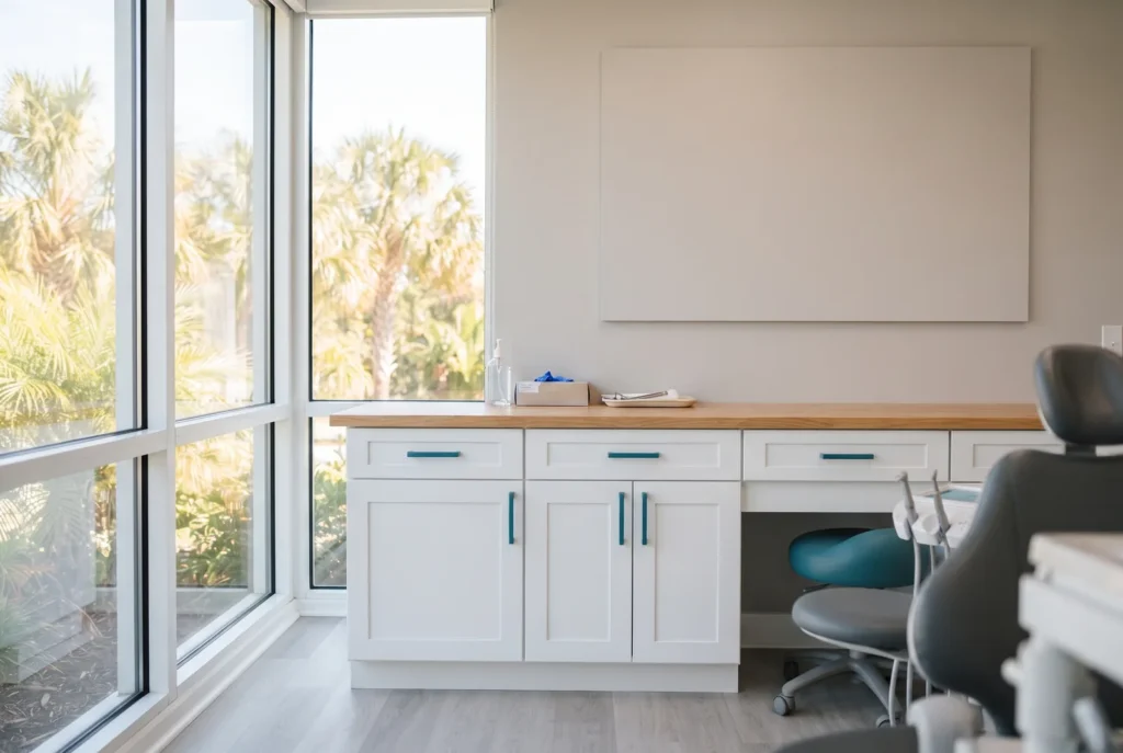 Neat row of treatment room cabinets with teal handles in a modern Westlake dental office