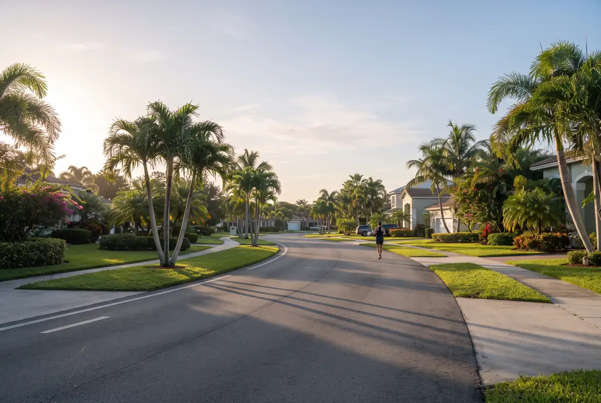 Quiet suburban street with palms at sunrise on a Sunday morning in Westlake, Florida