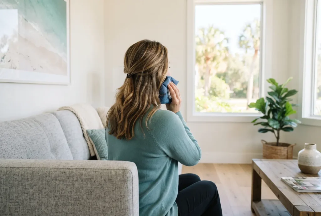Person seen from behind on a sofa holding a cold pack to the jaw, managing facial swelling before a Westlake dental visit
