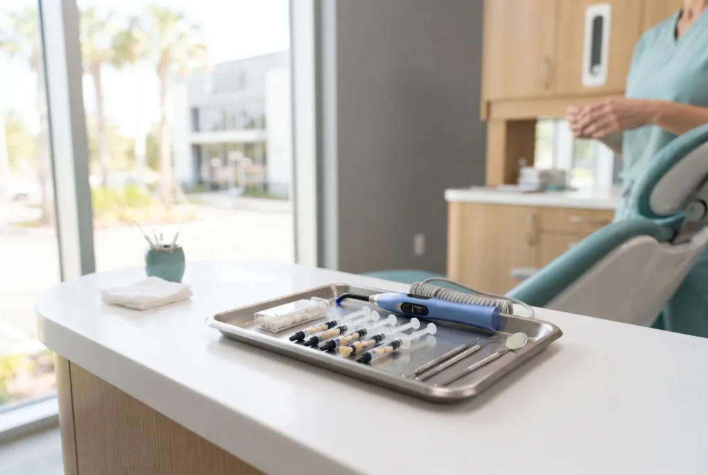 Tooth-colored bonding material and a curing light on a clean tray for broken tooth repair in Westlake