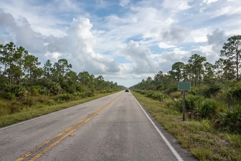 Long straight road through pine flatwoods under a big sky in western Palm Beach County, Florida
