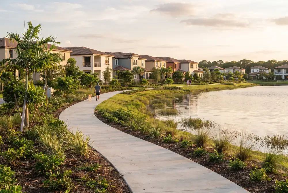 Lake with a walking trail and young trees in a newer master-planned neighborhood near Arden, Florida