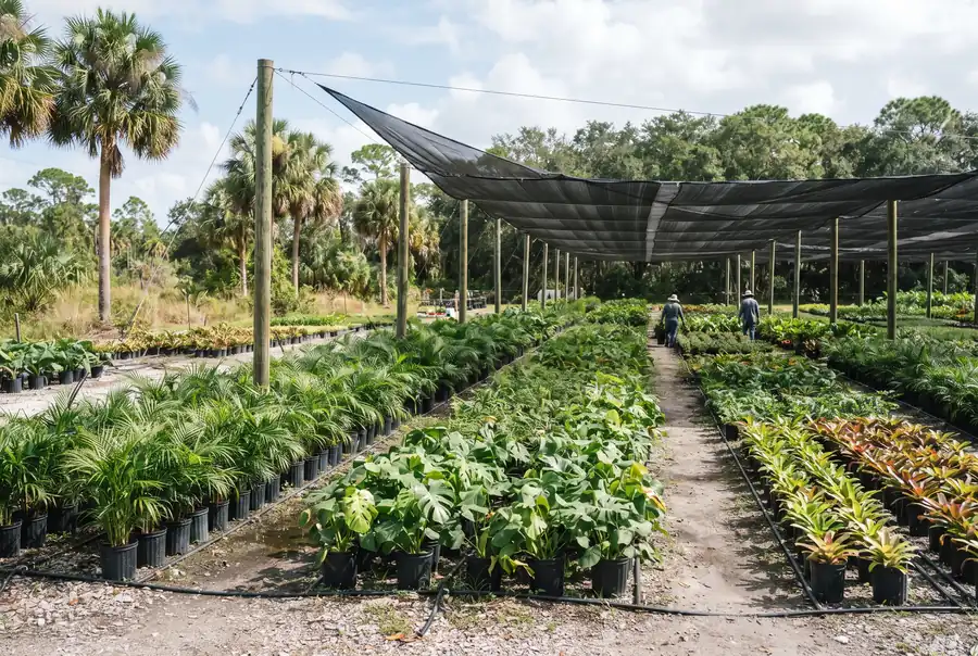 Rows of potted palms at a plant nursery under shade cloth in Loxahatchee Groves, Florida