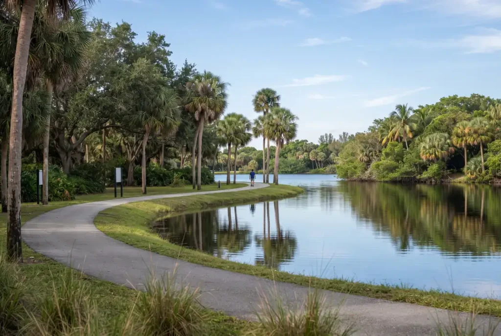 Parque junto a un lago con sendero y palmeras en Royal Palm Beach, Florida