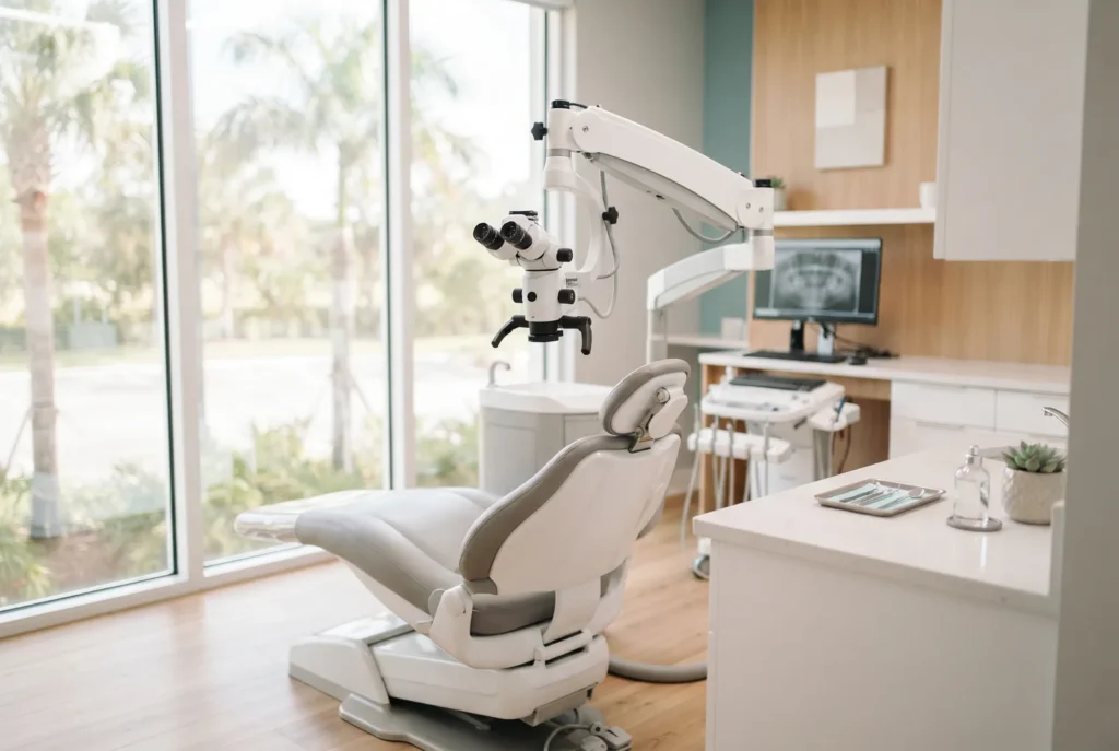 Microscopio dental plegado junto al sillón usado para endodoncias en Westlake