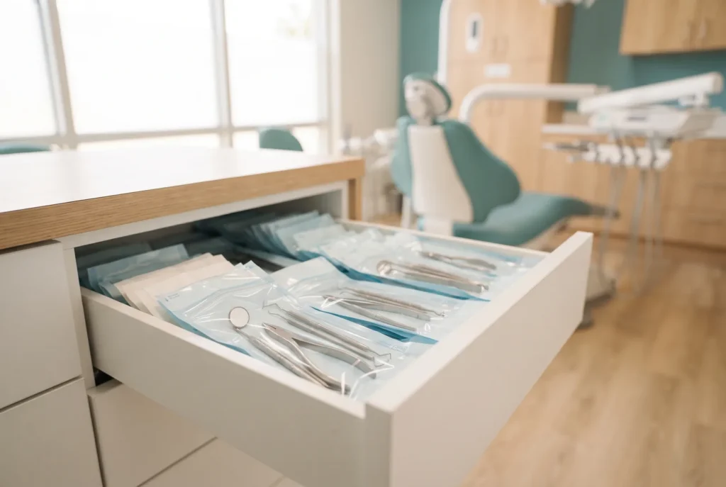 Sealed sterilization pouches lined up in a drawer beside a treatment chair before an emergency extraction in Westlake