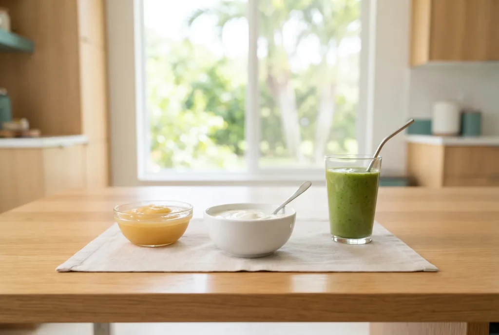 Soft foods including yogurt, applesauce and a smoothie on a kitchen table after a wisdom tooth extraction in Westlake