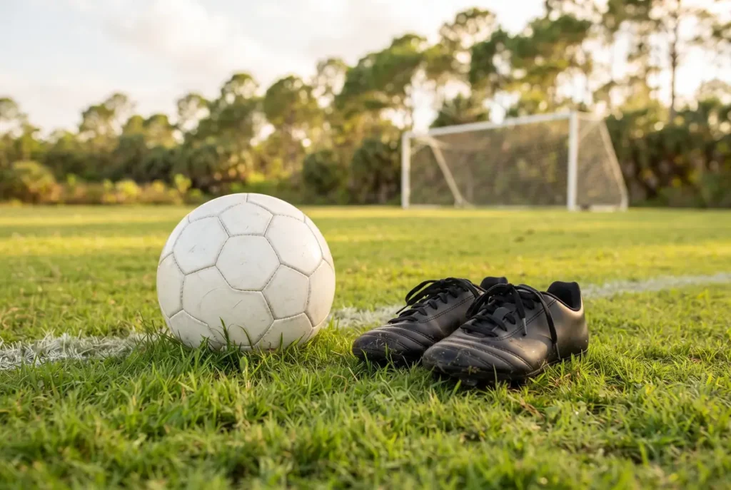 Youth soccer ball and cleats on the grass at the edge of a field, where knocked-out teeth often happen, near Westlake