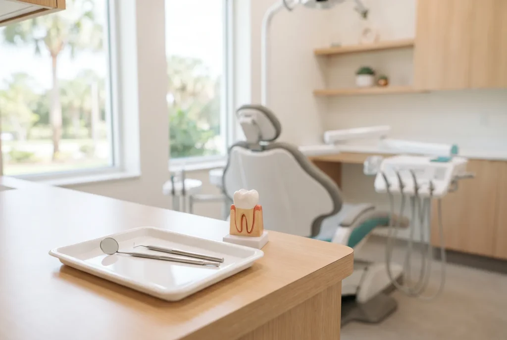 Dental mirror and explorer on a tray beside a small tooth model, ready to repair a lost filling or crown in Westlake
