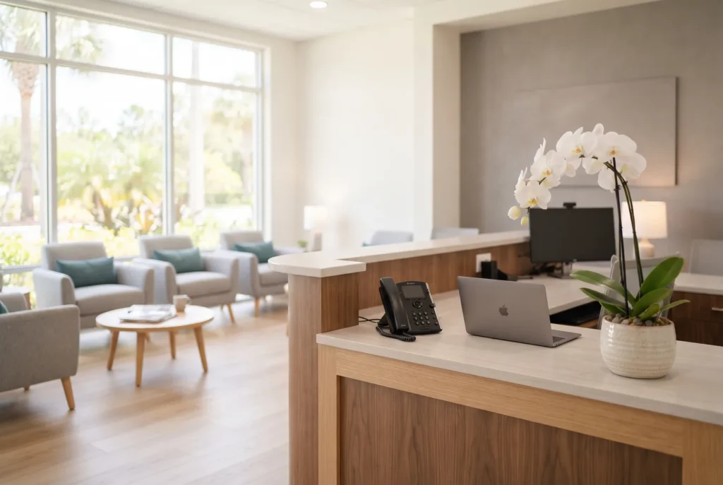 Front desk with a phone headset and a white orchid, ready for same-day emergency calls in Westlake
