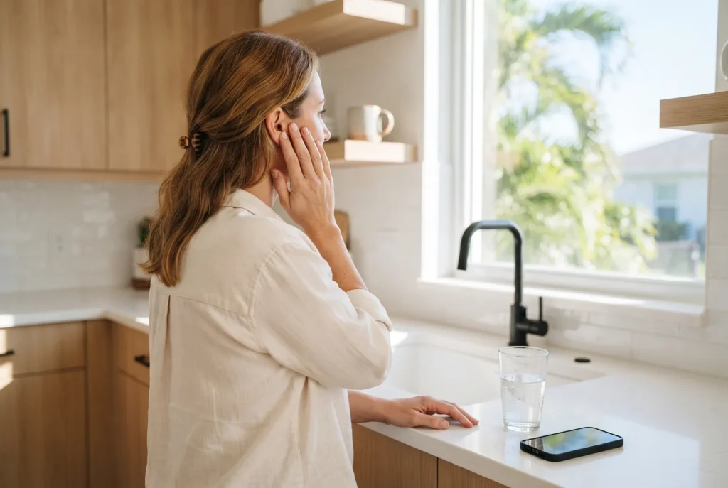 Woman seen from behind holding her cheek at a kitchen counter in the morning, a toothache before calling a Westlake dentist