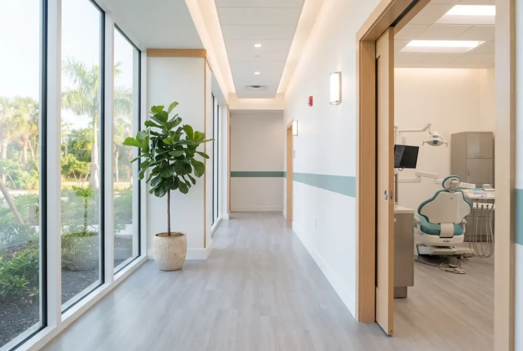 Sunlit hallway with a plant and an open treatment room door on a weekend morning in a Westlake dental office